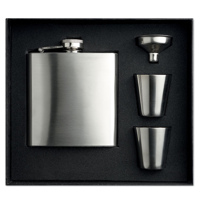 Slim hip flask w 2 cups set-Matt Silver-Tasmania-australia-1